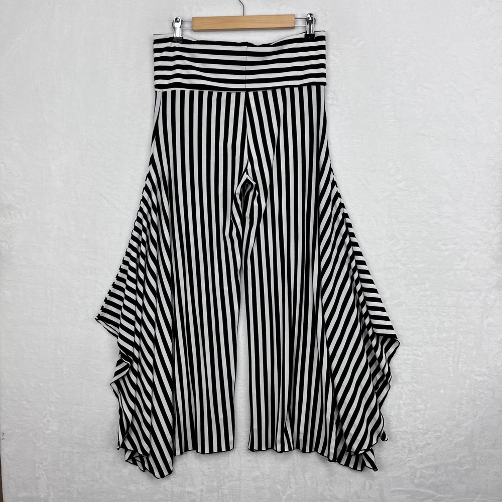 Om Gaia Tree Striped Flow Pants Women M/L Black White Foldover Asymmetric boho